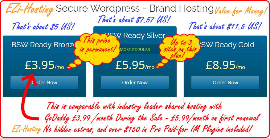 A hosting offer with an example of the Shared Hosting or WordPress Hosting shown via a costing table.