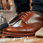 A person is diligently polishing brown leather shoes with a brush and a "GOLD" spray can, aiming to prevent mould. Nearby, a cloth lies on the wooden surface dotted with salt granules. The individual sports dark pants and gray socks as they work.