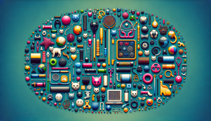 A variety of cat toys on a vibrant background, showing different sizes, materials, sounds, and safety features.