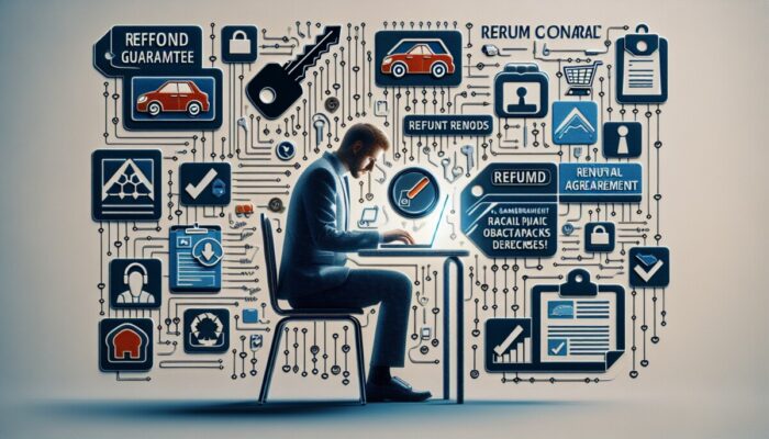Individual comparing car rental options on a laptop with keys, contracts, refund badges, and checklist.