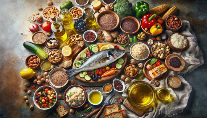 A colorful Mediterranean spread with olive oil, nuts, fatty fish, whole grains, fruits, vegetables, and lean proteins on a rustic table.