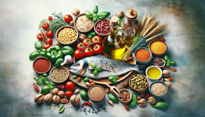 Olive oil, tomatoes, grains, legumes, nuts, fish, and herbs on a Mediterranean table symbolizing health and flavor.