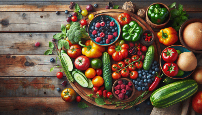 Vibrant tomatoes, crisp cucumbers, colorful bell peppers, and seasonal berries on a rustic wooden table.
