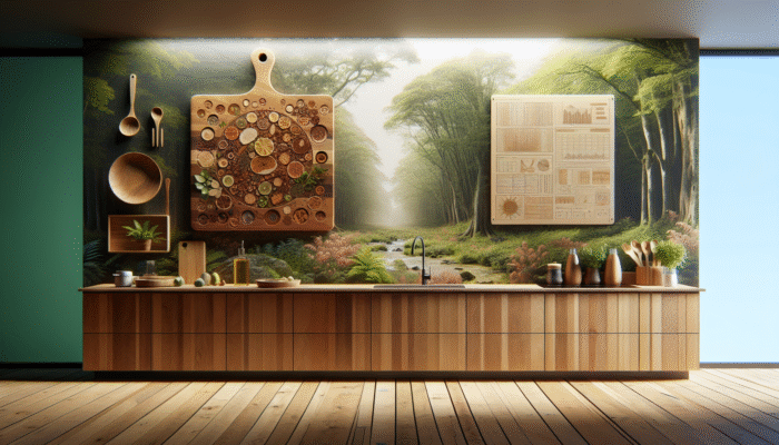 A sustainable kitchen scene featuring a wooden cutting board made from maple, walnut, and cherry, set amid a sustainably managed forest.
