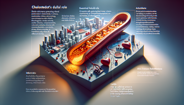 A cross-section of a human artery demonstrating cholesterol's vital role in hormone and vitamin D production, alongside plaque buildup leading to atherosclerosis, with a backdrop of a UK cityscape.