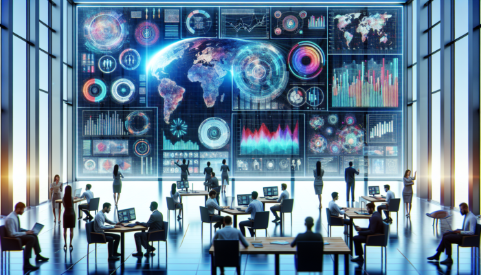 Modern office with professionals analyzing strategic data insights on a large interactive screen.