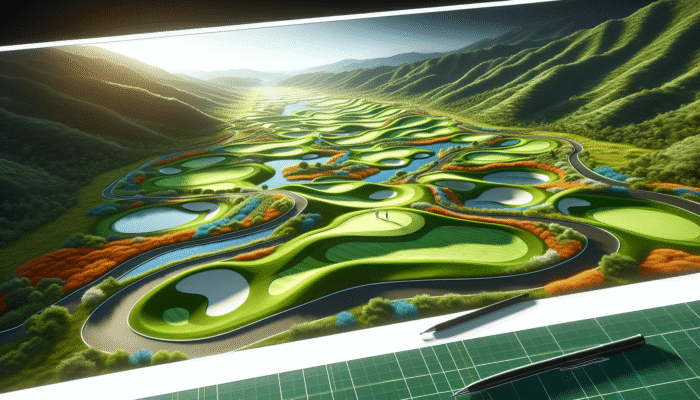 A vibrant golf course featuring unique holes and colorful paths, set against rolling hills and lush greenery.