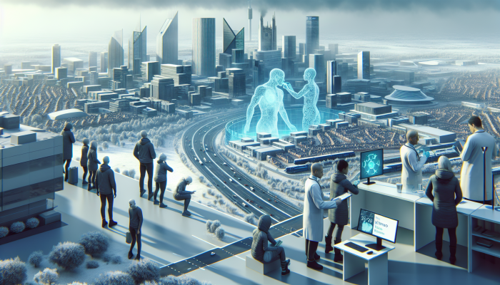 A futuristic Milton Keynes cityscape in dreary winter, people getting tested for vitamin D and hormone issues.