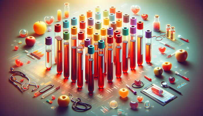 A colorful gradient of test tubes with blood, personalized health report in background, symbolizing tailored blood testing services.