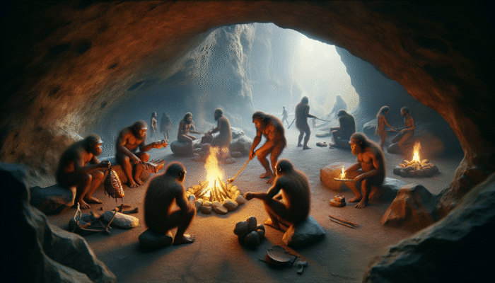 Open-Fire Cooking: Early hominids cooking meat over a fire in a cave, using primitive tools, communal setting, Wonderwerk Cave background.