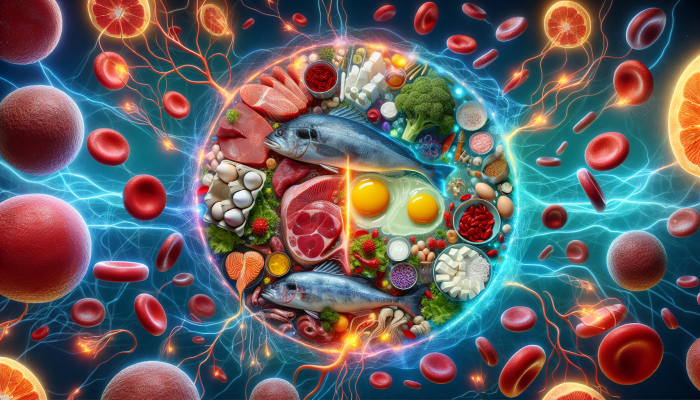 Vitamin B12 Blood Test in Skegness: A collage of fish, meat, eggs, dairy, red blood cells, and neural pathways illustrating Vitamin B12's health benefits.