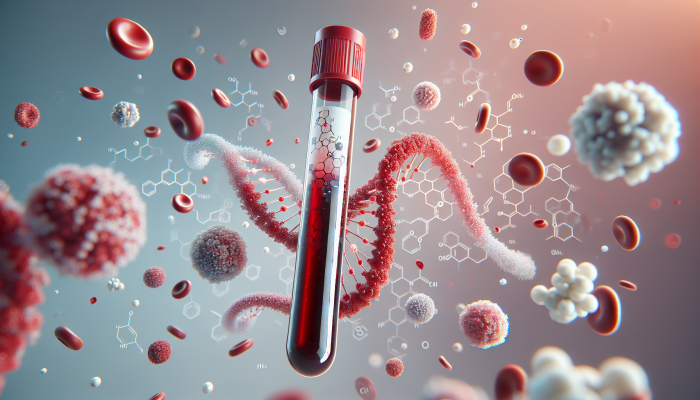 Ferritin Blood Test in Alfreton: A blood sample in a test tube with ferritin molecules and iron, medical charts, and iron deficiency indicators.