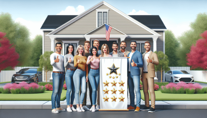Happy homeowners giving thumbs-up in front of their home, displaying a banner with top-rated home service logo and reviews.