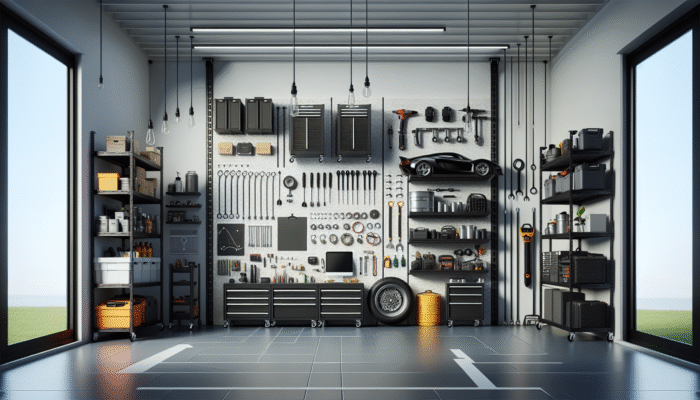 Innovative Tool Organisation Strategies For Home Decluttering: Modern garage featuring tools displayed on wall-mounted racks and pegboards, maximizing vertical space and achieving a clutter-free floor.