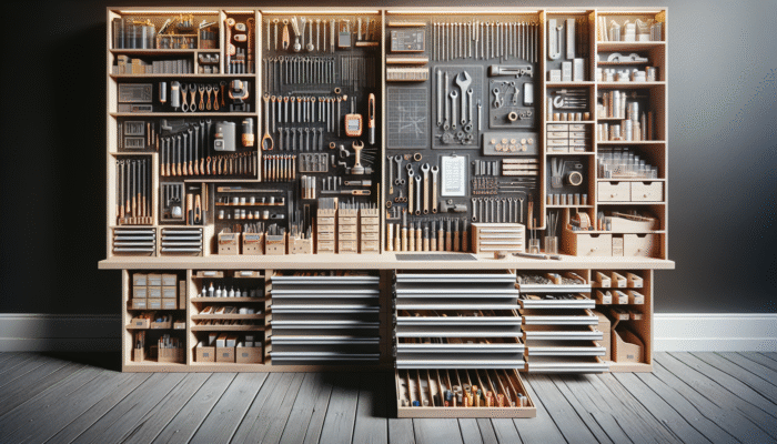 A well-organized workshop showcasing neatly sorted tools in labelled shelves and drawers.