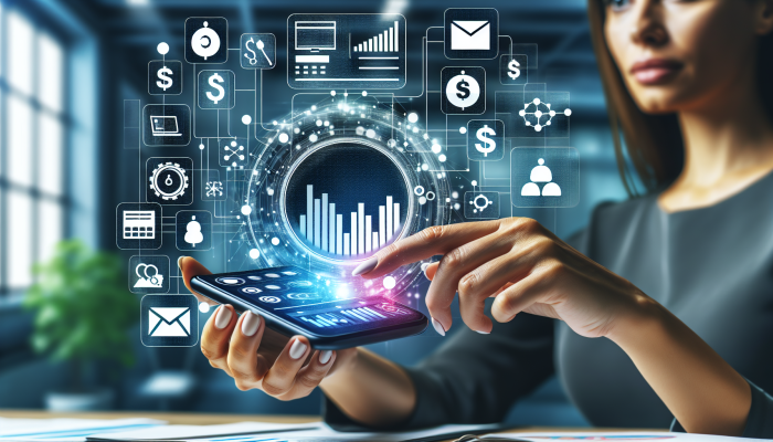 A smartphone showing debt consolidation app icons, user comparing features in an office.