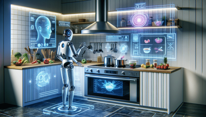 A futuristic kitchen featuring AI technology, including a smart oven, cooking robot, and digital assistant, enhancing meal preparation.