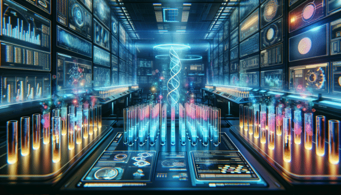 A futuristic laboratory featuring glowing test tubes and digital displays showcasing protein absorption data.
