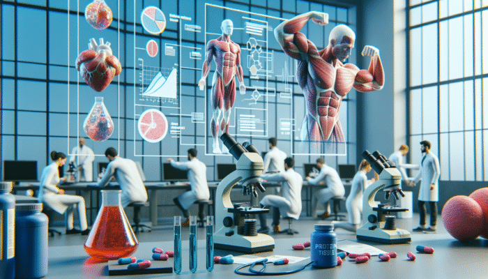 Researchers examining muscle tissue samples under microscopes, accompanied by charts and protein supplements nearby.