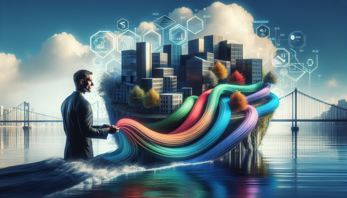 Debt Consolidation Journeys Shared on X: Real Stories and Tips | DCL A person merging multiple debts into one loan, symbolized by streams flowing into a river, UK financial district backdrop.