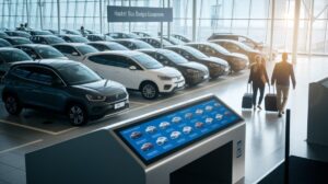 A modern car rental center with rows of parked vehicles inside a bright, glass-walled building. Two travelers with suitcases walk towards the cars, while a digital kiosk offers hassle-free booking options. Sunlight streams in from large windows.