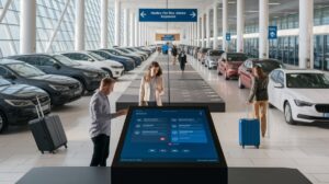 In a bright car rental facility, travelers with suitcases enhance their booking experience at a large touchscreen kiosk. Rows of parked vehicles line both sides, overhead signs offer directions in multiple languages, and natural light floods the space.