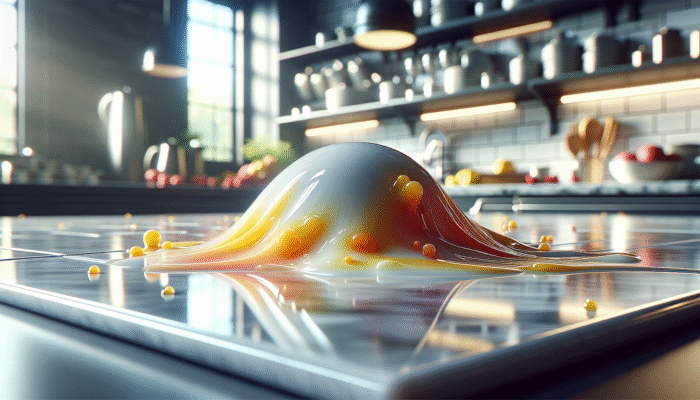 A glossy, sealed ceramic tile in a kitchen, resisting spills and steam, showing durability.