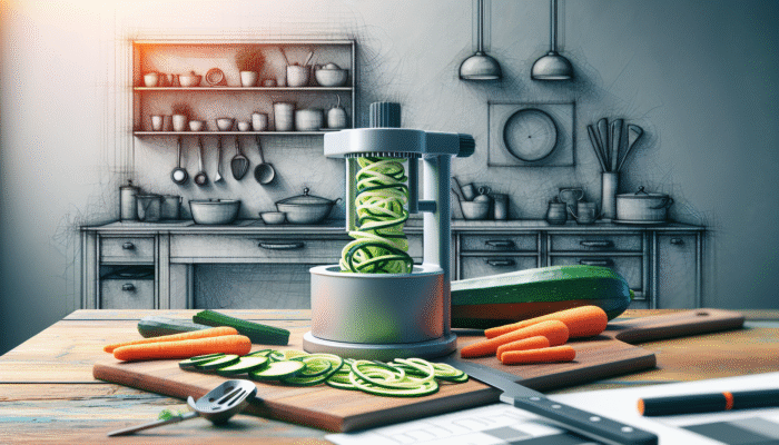A compact manual spiralizer creating zucchini and carrot spirals in a small, cozy kitchen.