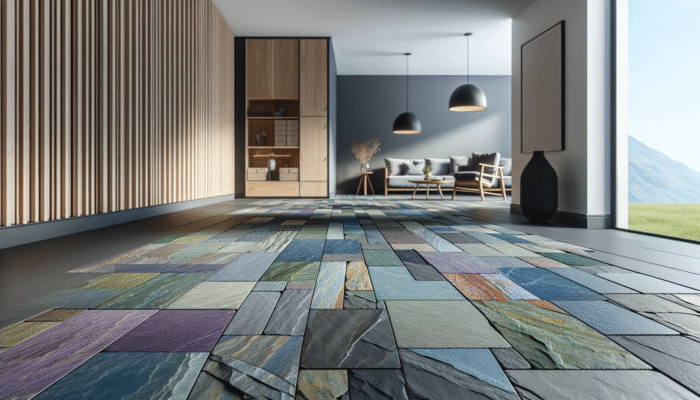 Slate Floor Care: Welsh slate flooring in a modern UK home, showcasing a palette of deep blues, purples, greens, and greys.