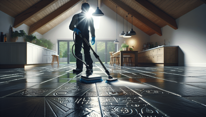 A person cleaning a UK slate floor using eco-friendly products, showcasing the floor's natural sheen in a contemporary home.