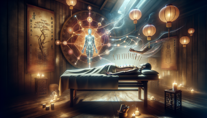 Acupuncture with Craniosacral Therapy: A serene acupuncture session with needles and symbols of Qi and meridians in a traditional Chinese setting.
