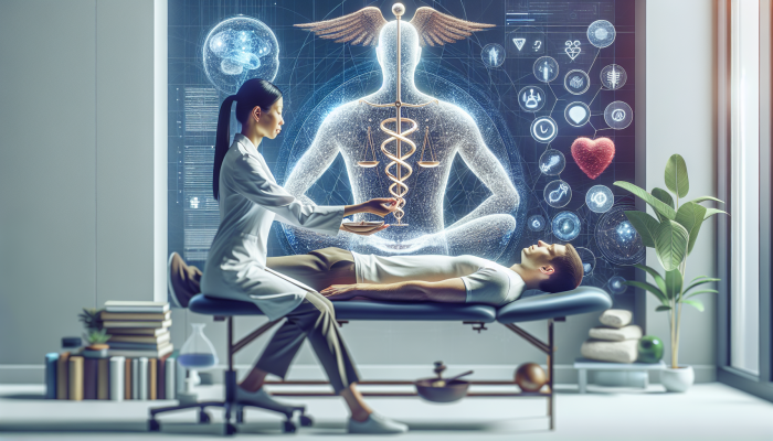 A serene therapy room with a CSTA-certified craniosacral therapist treating a patient, symbolizing high ethical standards.