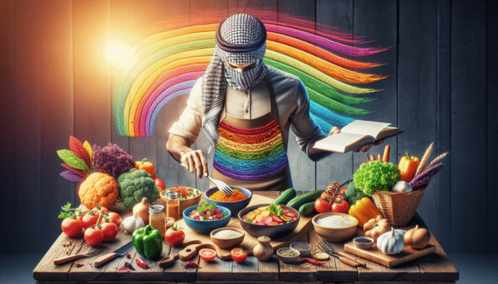 A person arranging colorful gluten-free dishes on a rustic table with fresh ingredients and recipe books.