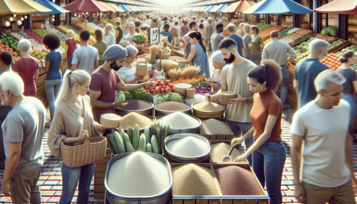 Diverse gluten-free foods in bulk at a vibrant farmers' market, shoppers selecting affordable produce.