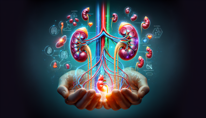 Anatomical illustration of kidneys filtering waste, regulating electrolytes and blood pressure, vital for health.