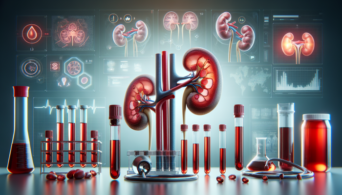 A medical illustration of kidney blood tests with vials, labeled tubes, and a highlighted kidney in a lab.