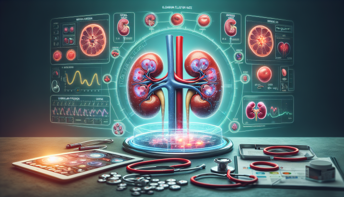 Diagram of kidney filtration process with labeled normal and impaired GFR values in a clinical setting.