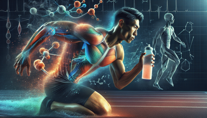 Electrolyte Powders for Hydration: Athlete running on track with electrolyte drink, scientific charts in background showing hydration's impact on performance.