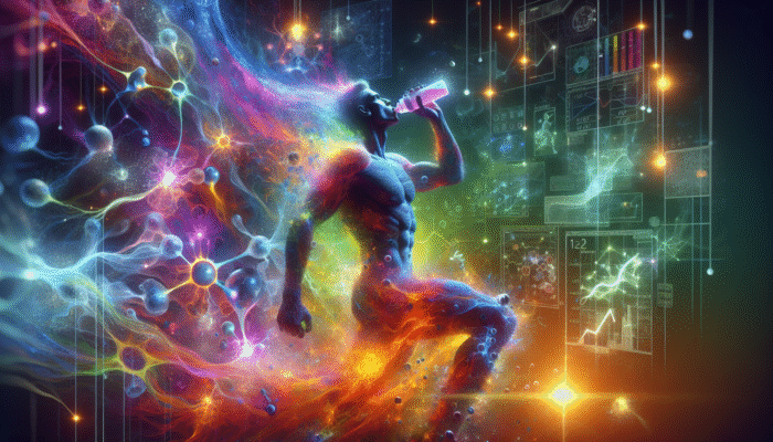 Athlete drinking electrolyte water, vibrant nutrients absorbed, enhancing recovery and energy in abstract setting.