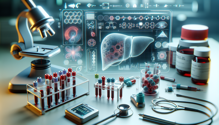 Liver Blood Test in Pudsey: Illustration of a liver blood test analyzing enzymes and proteins for health diagnostics and liver function assessment.