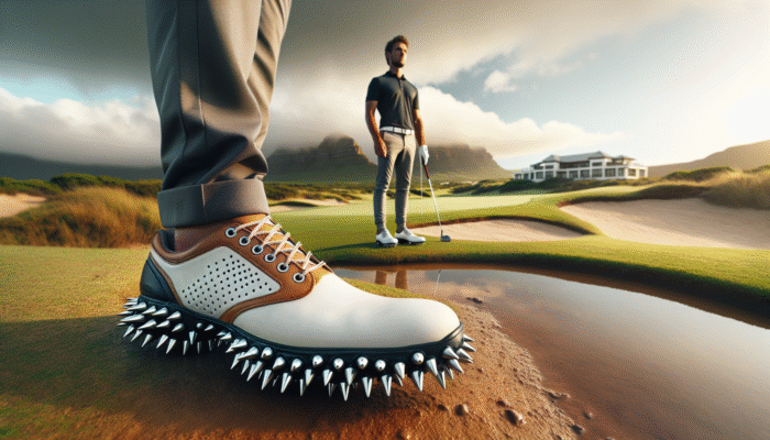 Golfer in stylish spiked shoes on varied South African terrain, showcasing grip and stability.