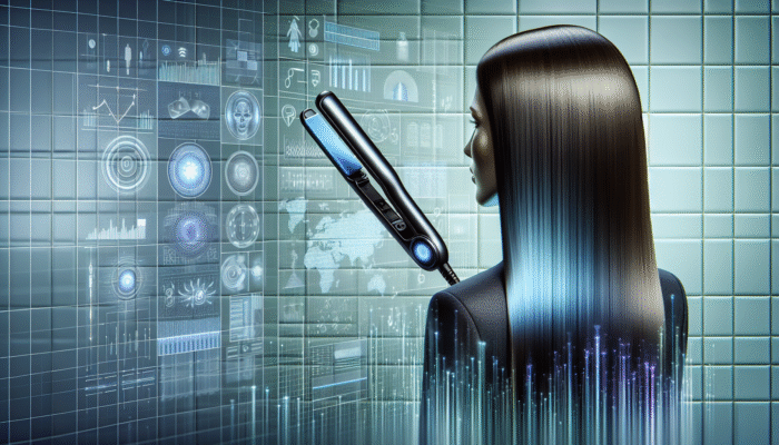 Woman with sleek, straight hair using high-tech straightening iron, modern bathroom setting.