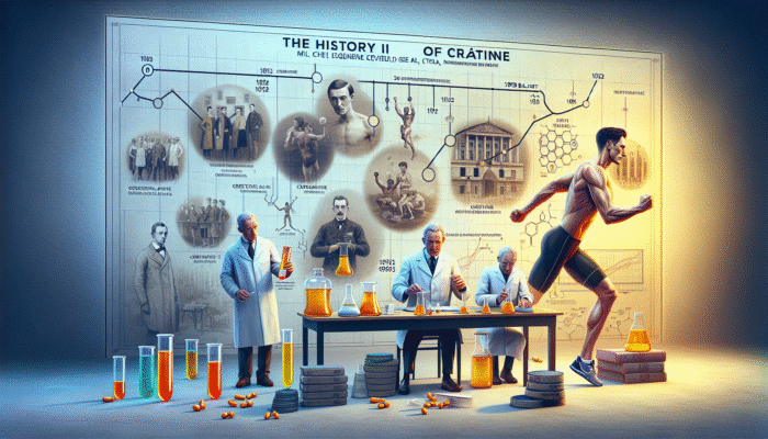 Timeline showcasing the history of creatine from its discovery in 1832 to pivotal studies in 1992, featuring imagery related to athletics and science.