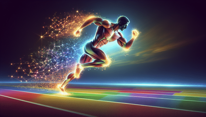 Athlete sprinting on a track, muscles visibly enhanced through glowing creatine particles against a clear sky.