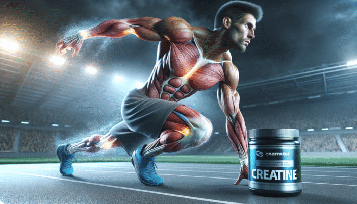 Athlete recovering quickly from muscle strain with creatine, minimizing inflammation and soreness, and returning to rigorous training.