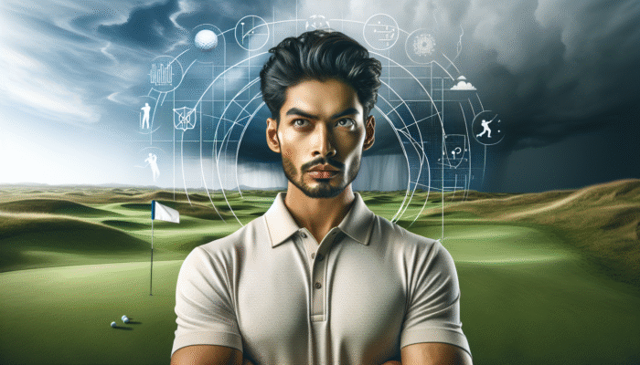 A golfer demonstrating mental toughness on a challenging course with changing weather conditions.