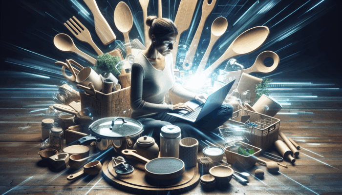 Individual utilizing a laptop with SEO tools, showcasing eco-friendly kitchen utensils, achieving high visibility for "sustainable kitchen tools" in search results.