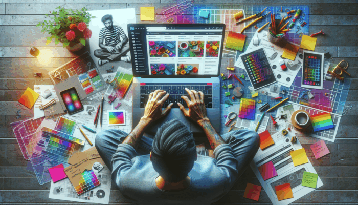 A lively workspace featuring a laptop displaying a vibrant product page, notes, and a mood board; an individual typing product descriptions.