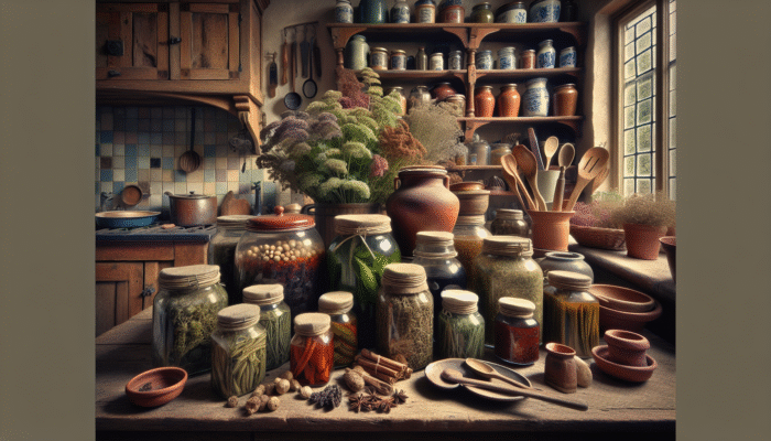 How to Ferment Herbs for Health: Assorted fermented herbs in jars, vibrant colors and textures, rustic UK kitchen backdrop, symbolizing health and tradition.