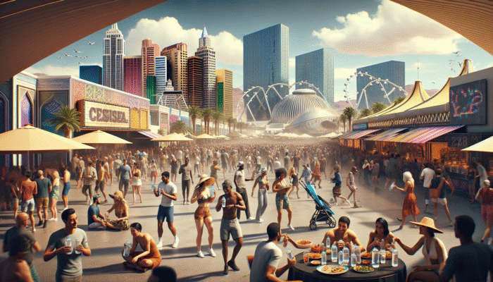 A vibrant Las Vegas festival scene with attendees using refillable water bottles and resting in shaded areas to stay hydrated.